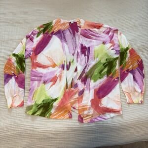 Chico's Easywear Cardigan Size 2 Large Tropical Floral Open Front 3/4 Sleeve